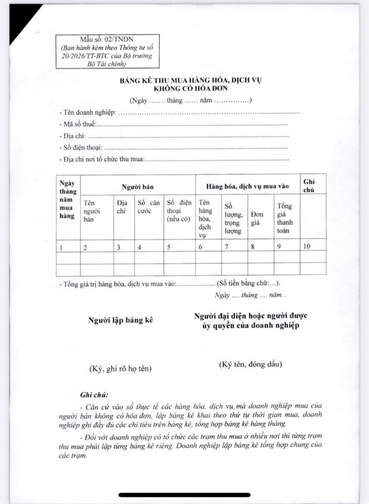 ập nhật Mẫu 02/TNDN: Bảng kê thu mua hàng hóa, dịch vụ không có hóa đơn theo Thông tư 20/2026/TT-BTC mới nhất. Tải ngay biểu mẫu và xem hướng dẫn chi tiết.