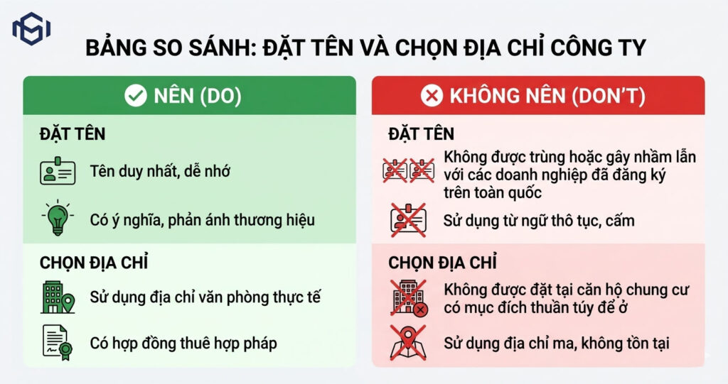 Hướng dẫn cách đặt tên công ty hay, dễ nhớ và chọn địa chỉ trụ sở hợp lệ. Tổng hợp những điều NÊN và KHÔNG NÊN khi đăng ký thông tin doanh nghiệp.