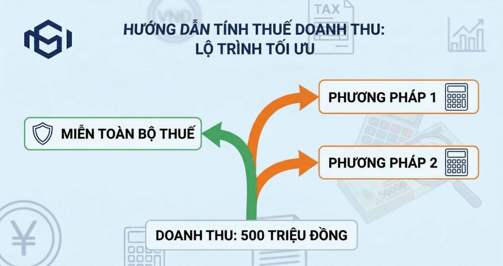 Lộ trình tối ưu tính thuế doanh thu cho hộ kinh doanh: Xác định mốc miễn toàn bộ thuế dưới 500 triệu đồng và phân tích chi tiết 2 phương pháp tính thuế phổ biến.
