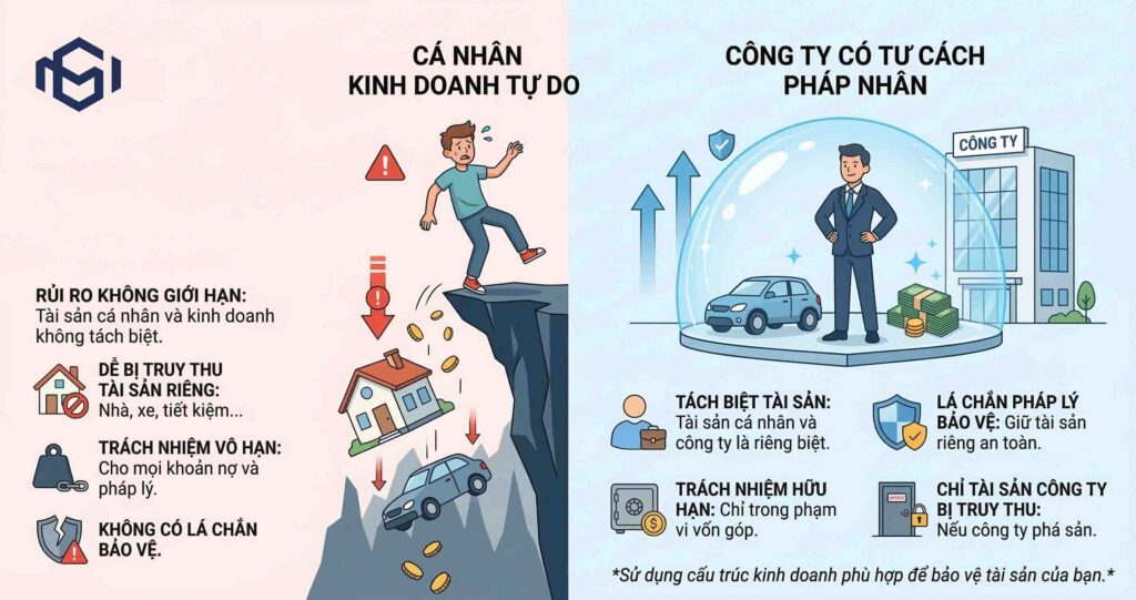 So sánh chi tiết rủi ro tài sản giữa cá nhân kinh doanh tự do và công ty có tư cách pháp nhân. Tại sao thành lập công ty là lá chắn bảo vệ tài sản của bạn?