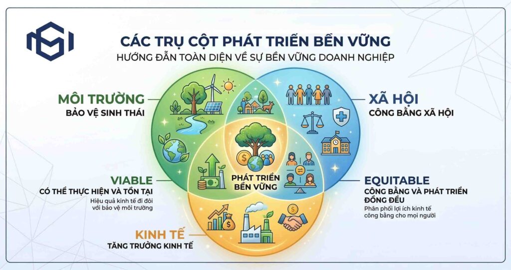 Khám phá 3 trụ cột phát triển bền vững (ESG) cho doanh nghiệp: Môi trường, Xã hội và Kinh tế. Định hướng xây dựng công ty trường tồn và mang lại giá trị thực. 